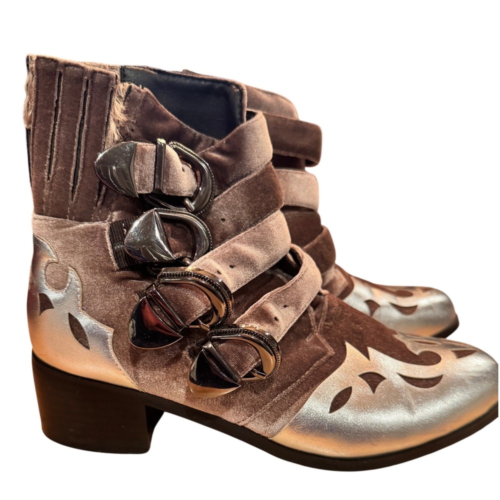 Onlymaker Velvet‎ Buckle Ankle Boots Silver Embellished Western Style Boots 37